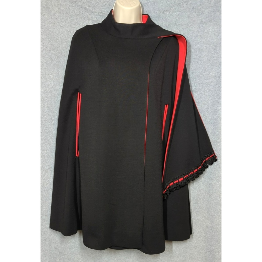 Vtg Alfred Werber Cape S Black Wool Red Attached Scarf High Fashion 1960's Chic